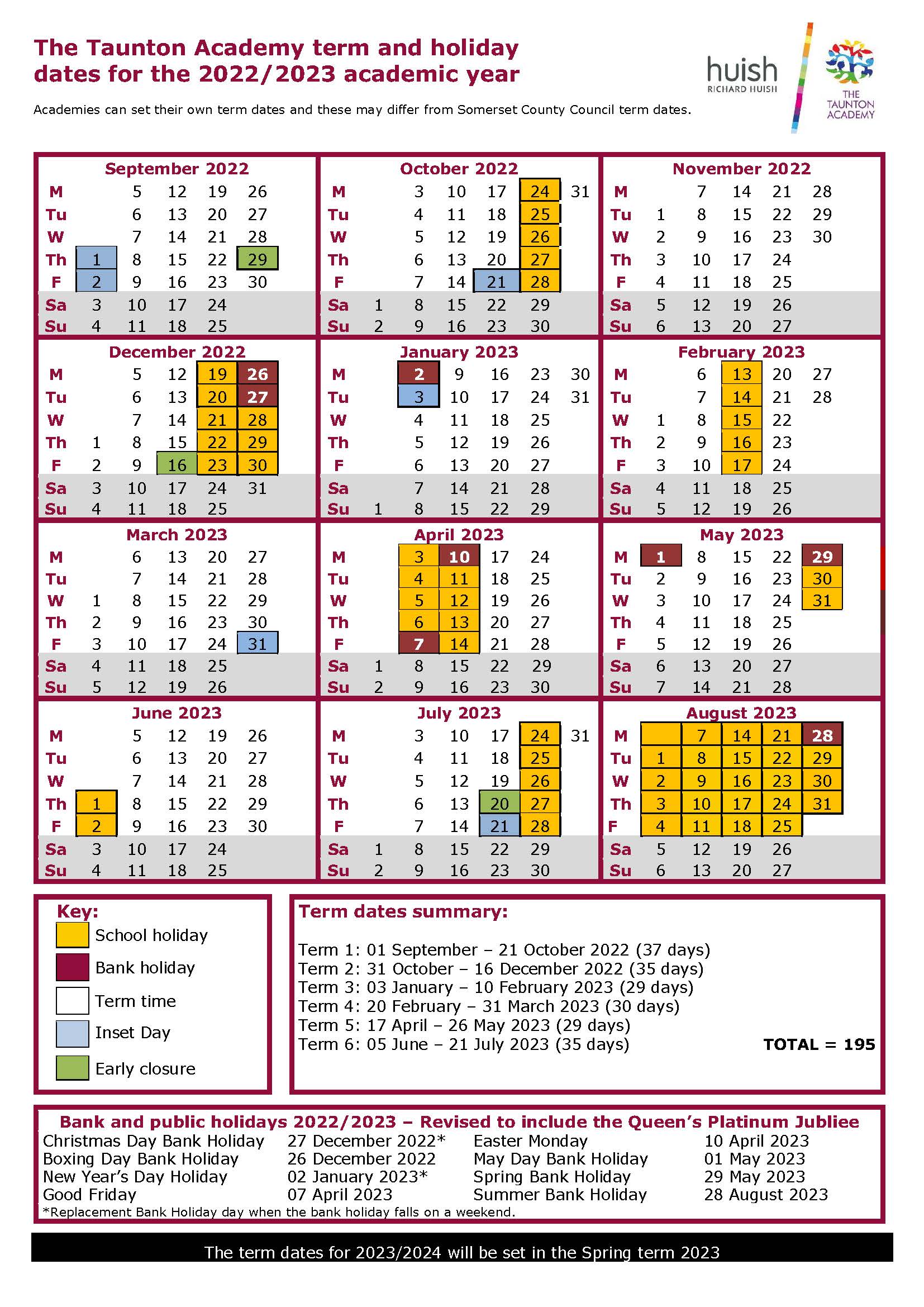An image of the Term Dates for the 2022 - 2023 Academic Year